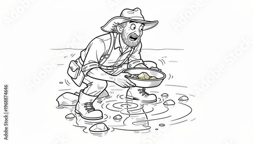 Elderly man washing gold in doodle style illustration on white background
