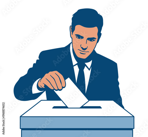 A man in a suit casting his vote by putting a ballot into a box
