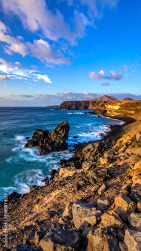 Rocky coastline meets bright blue ocean under a partly cloudy sky, cliffs in the distance