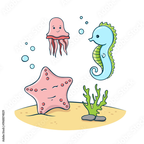 A cute cartoon illustration of a starfish, jellyfish, and seahorse on a white background. Ocean friends