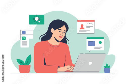 A woman working on her laptop with various digital icons and plants around her