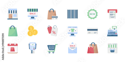 Shopping icons set featuring retail checkout symbols and tools flat colorful illustrations of shopping bag, cart, barcode, sale tag, price label, coupon, wallet, coins, cash register, scanner, payment