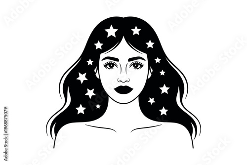 A beautiful woman with stars in her long dark hair and bold makeup