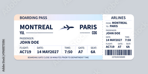 Realistic illustration of airplane ticket boarding pass with passenger name and destination. Concept of travel, journey or business trip.