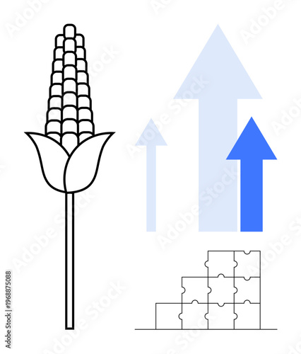 Agricultural growth. Corn plant farming innovations and productivity. Puzzle pieces indicate problem-solving in agriculture, while arrows agricultural growth trends. For farming, agritech
