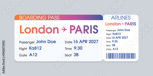 Realistic illustration of airplane ticket boarding pass with passenger name and destination. Concept of travel, journey or business trip.