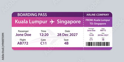 Realistic illustration of airplane ticket boarding pass with passenger name and destination. Concept of travel, journey or business trip.