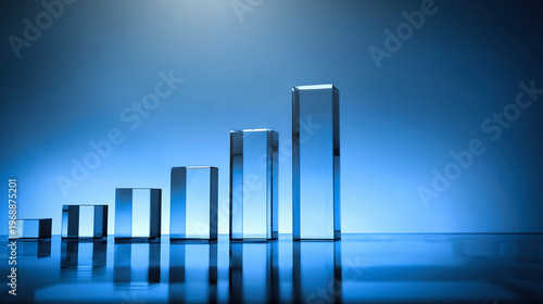 Abstract glass bar chart rises on a reflective blue surface. Minimal light and clean geometry create a futuristic business growth concept.