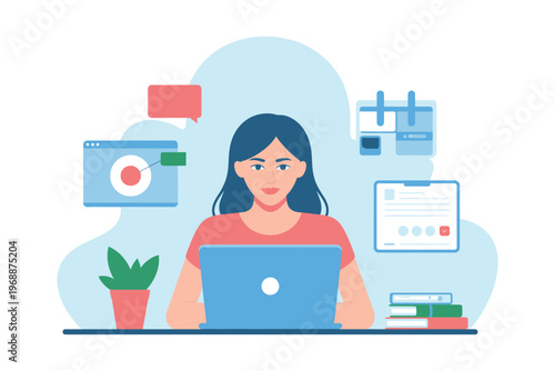 A woman working on her laptop with various digital tools and icons around her