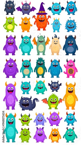 Colorful monsters in rows. Varied shapes, features, and expressions, cute and cartoonish