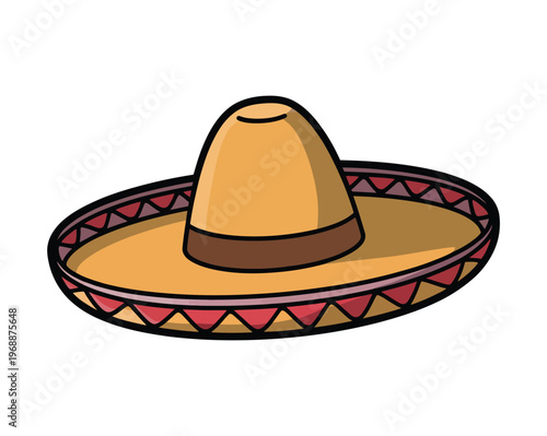 A colorful cartoon sombrero with a vibrant geometric patterned brim on a white background
