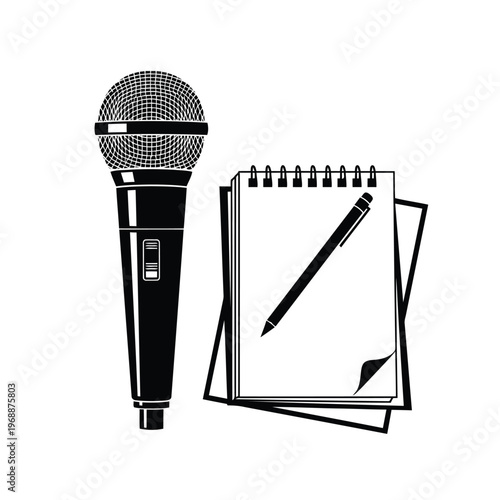 A microphone stands next to a notepad with a pencil on top.