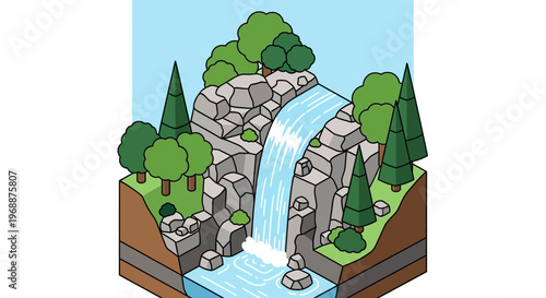 Isometric Waterfall Scene with Lush Green Trees and Rocks.