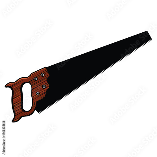 An illustration depicts a handsaw with a wooden handle.