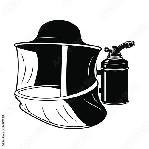 An illustration depicts a beekeeper's protective hat and smoker on a table indoors.