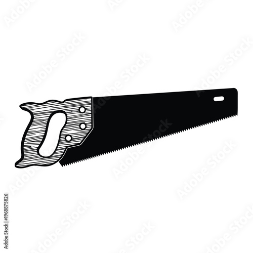 A detailed illustration of a handsaw with a metal handle and black blade