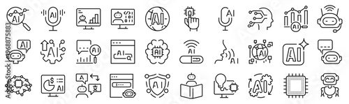 Foto Modern artificial intelligence and machine learning icon set including neural networks, data processing, automation, analytics and AI applications