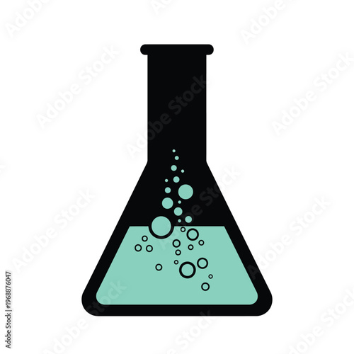 A laboratory flask contains bubbling green liquid with rising bubbles inside.