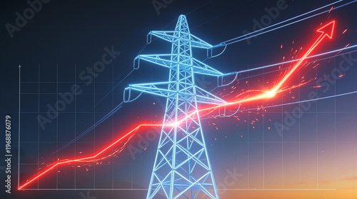 Energy market growth shown by rising red arrow and digital pylon. Conceptual visualization of increasing utility prices and power demand.