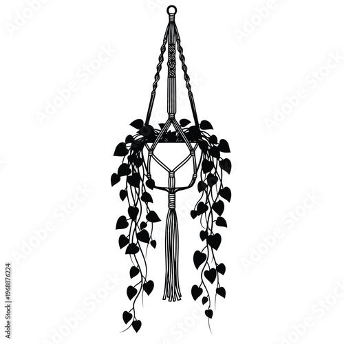 A delicate hanging macrame plant hanger with lush foliage and a tassel decorates a room.
