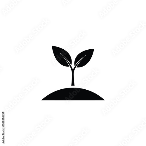 A sprout grows from the soil with two leaves in a simple illustration.