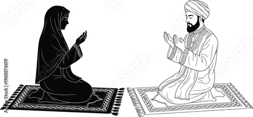 Muslim man and woman praying, Islamic worship on prayer mat, Ramadan devotion, faith spirituality, traditional clothing, religious practice illustration set