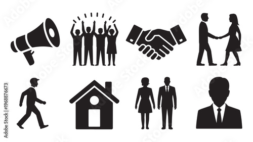 Human rights business concept silhouette icon set teamwork handshake equality home communication people vector black flat illustration