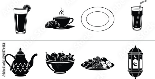 Ramadan food and drink icons set, coffee, juice, teapot, dates, lantern, traditional iftar elements, Islamic culture, silhouette illustration collection