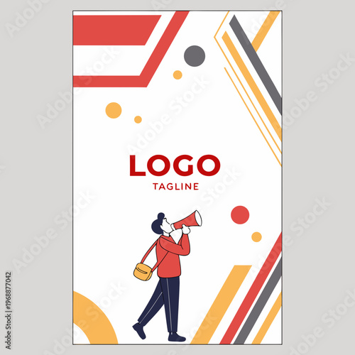 Man with megaphone announces logo and tagline with public relations with flat design with social media