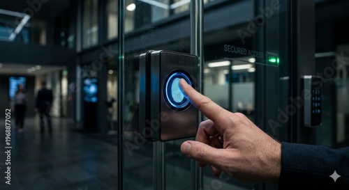 Access Granted: A person's hand places a finger on a fingerprint scanner, unlocking a modern glass door, signaling security and access to a professional building or office space.