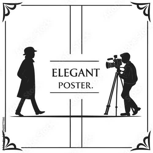 Elegant poster with filmmaker and gentleman with on the left, a gentleman in a hat and trench coat walks, on the right, a