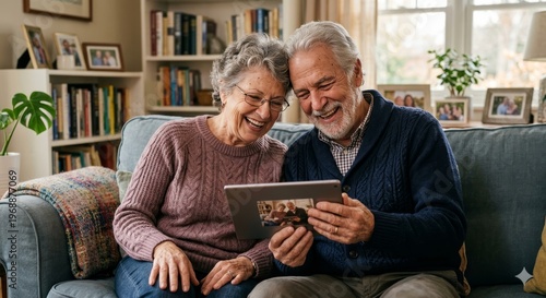 Shared Moments: An elderly couple shares a tender moment on the couch, joyfully looking at a framed picture.