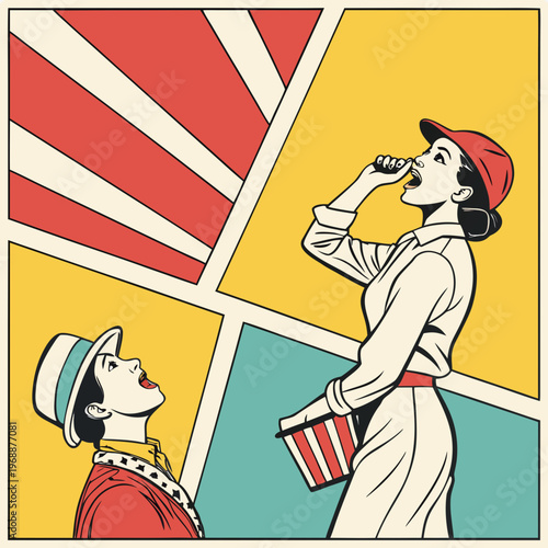 Retro comic style illustration of people looking up in awe with the panels and colors evoke a vintage graphic style