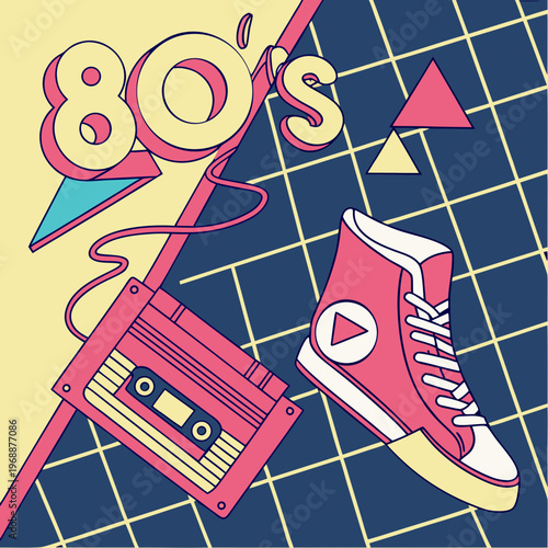 Retro 80s style graphic with sneaker and cassette tape with the color palette includes yellow, pink, blue, and white