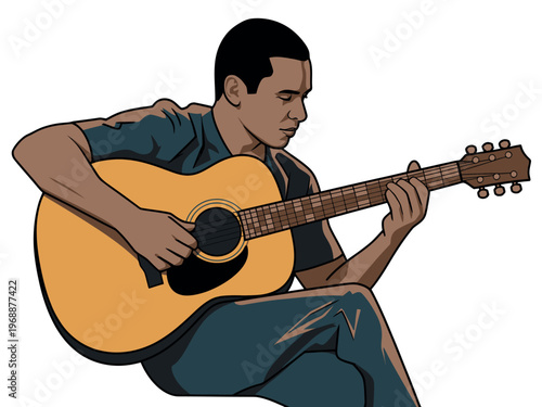 A young man playing an acoustic guitar with focus and passion