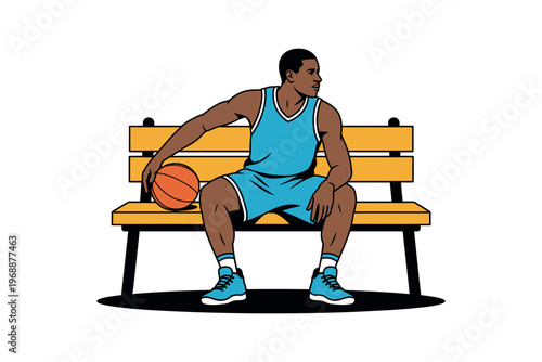 A basketball player sitting on a bench with a ball, taking a break during a game or practice session.