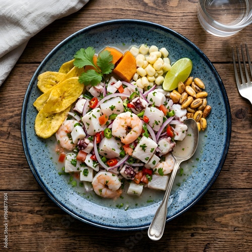 Ceviche dish with shrimp, fish, corn, plantain, and sweet potato on a blue plate
