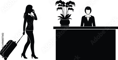 Hotel reception with guest arrival, woman with luggage checking in, hospitality service, travel accommodation, front desk, tourism lifestyle illustration concept