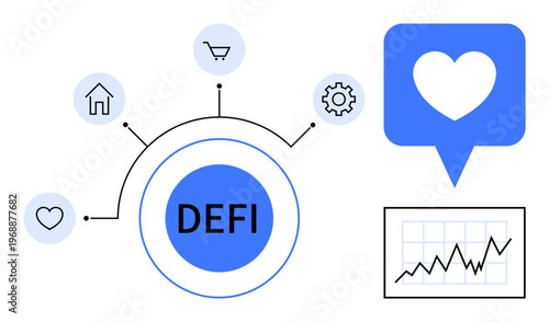 Financial technology, blockchain, decentralized economy, investment platforms, data analysis, digital tools. Circular DEFI icon with symbols of home, shopping graph tools and communication. s