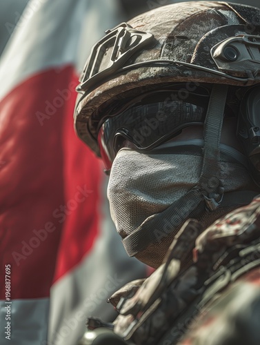 A soldier in camouflage gazes intently, Japan flag subtly visible in the background. The focused expression symbolizes strength, duty, and national dedication.