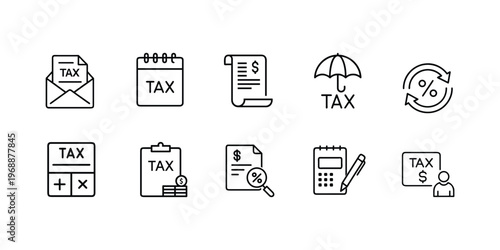Financial analysis and money outline icon set featuring digital wallet, coin growth chart, magnifying glass research, percentage discount tag, pie chart data, and money bag vector illustration