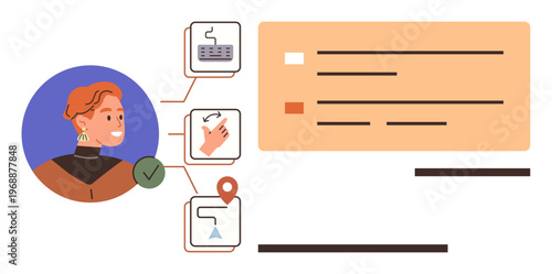 User experience, task management, online navigation, digital communication, workflow optimization, interface design. Person with profile icon, checklist and interactive digital elements. User