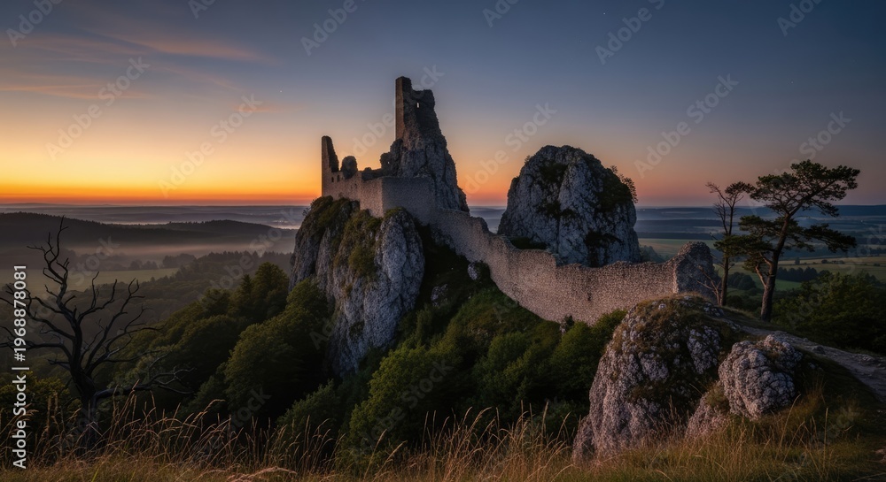 Obraz premium Ancient stone castle ruins against a sunrise landscape background