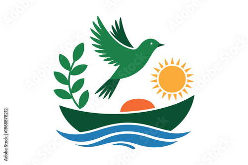 A green dove flying over a boat on calm waters with a sun and leaves