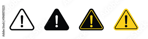 Warning triangle icon set with exclamation mark in outline and solid styles. Safety alert symbols for danger notice risk indication and attention message use.
