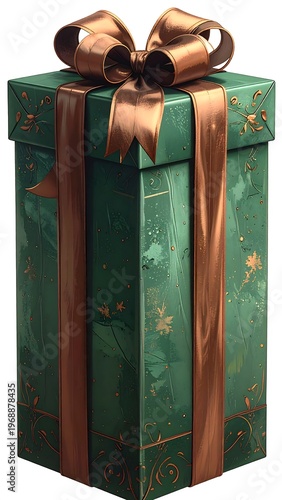 Tall gift box wrapped in emerald green paper with elegant gold accents and a matching ribbon tied into a bow