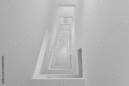 Modern minimalist white interior architecture with nested rectangular corridor perspective creating infinite tunnel effect