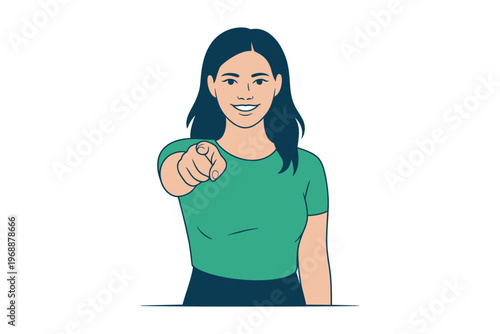A smiling woman pointing directly at the viewer with a friendly gesture