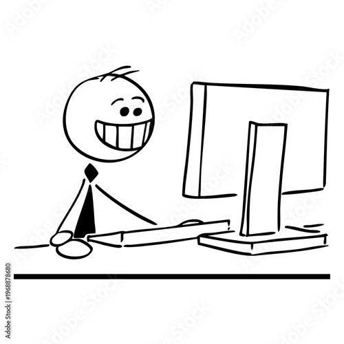 A happy cartoon character sitting at a computer desk with a big smile