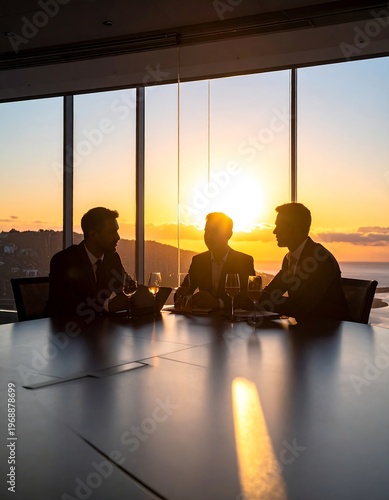 Three business professionals in silhouette around a table, overlooking a sunset through tall windows. They are discussing a matter
